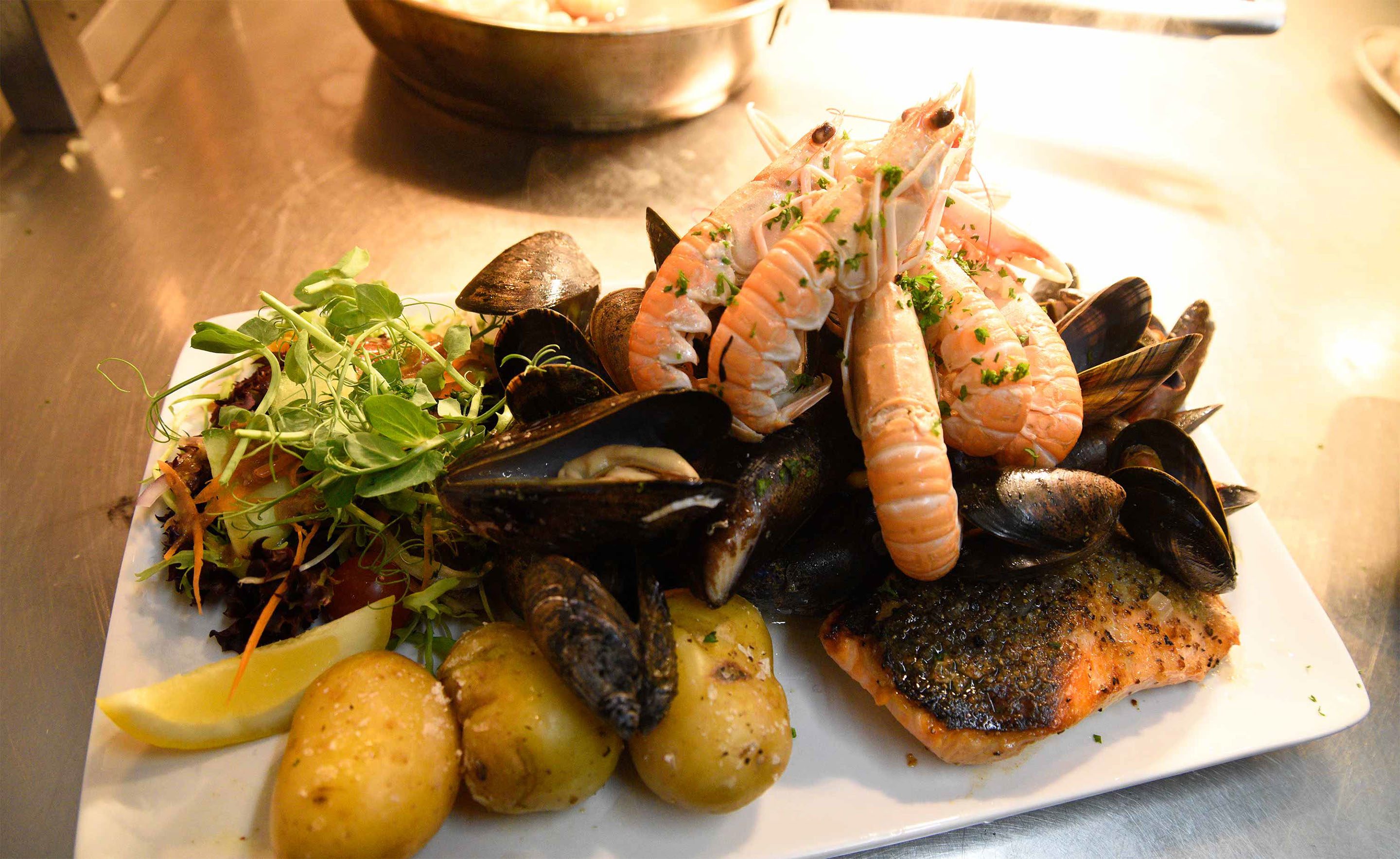 Seafood Platters including Langoustines Mussels Salmon are served at Sea Breezes Portree